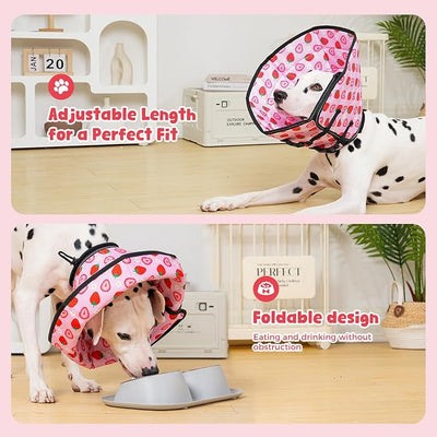 Avont Dog Cone Alternative, Adjustable Soft Comfy Foldable E Cones for Medium Large Dogs After Surgery, Escape-Proof Elizabethan Collar for Surgical Wound Recovery Stop Licking -Strawberry(M)