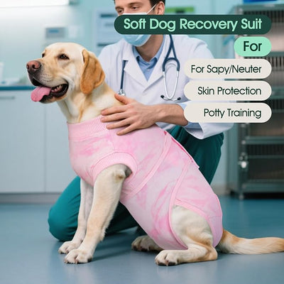 Kuoser Dog Surgery Recovery Suit, Anti Licking Surgical Suit for Dogs Male Neuter, Soft Dog Surgery Suit Female Spay Subsititute E-Collar Cone, Doggie Body Suits After Surgery Pink Tie Dye L