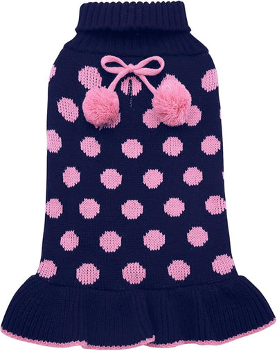 KYEESE Dog Sweaters with Leash Hole Small for Girl Dog Sweater Dress Polka Dot Knit Warm Dogs Clothes with Pom Pom Ball, XS