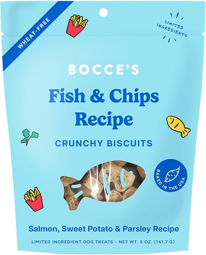 Bocce's Bakery Fish & Chips Treats for Dogs - Special Edition Wheat-Free Dog Treats, Made with Real Ingredients, Baked in The USA, All-Natural Salmon & Sweet Potato Biscuits, 5 oz