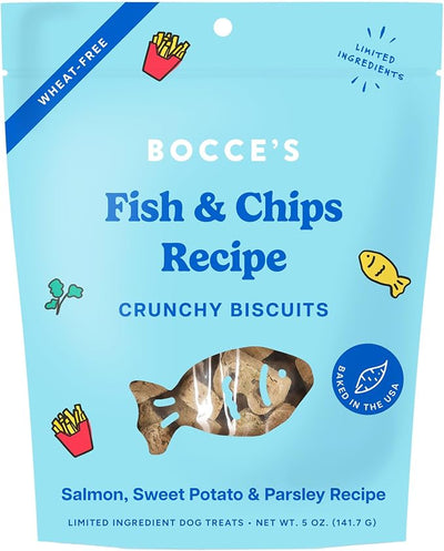 Bocce's Bakery Fish & Chips Treats for Dogs - Special Edition Wheat-Free Dog Treats, Made with Real Ingredients, Baked in The USA, All-Natural Salmon & Sweet Potato Biscuits, 5 oz
