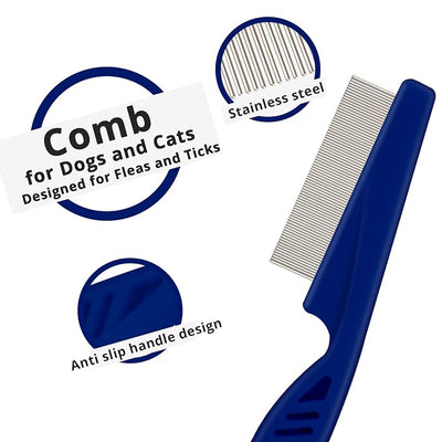 Flea Comb for Dogs and Cats - Lice Comb with Rubber Handle - Promotes Hair Growth and Removes Loose Hair, Knots, and Flakes Flea Brush for Pets(3P,BLUE)