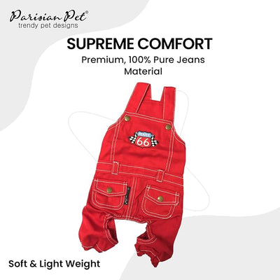 Parisian Pet Red Dog Overalls - Route 66 Denim Dog Clothes - Breathable Sling Puppy Jumpsuit - Durable and Trendy Overalls for Dogs - Comfortable Jeans Dog Clothes for Large Dogs - Classy Pet Apparel