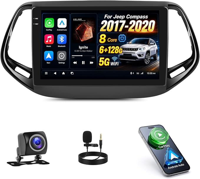 [6+128G] 8-Core Android 15 Car Radio Stereo for Jeep Compass 2017-2020 with Wireless Carplay&Android Auto,10.1 Inch Touchscreen Car Radio with Mirror Link Bluetooth FM/RDS DSP WiFi GPS SWC