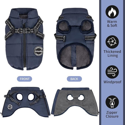 Warm Dog Winter Coat, Dog Cold Weather Jacket with Built-in Harness, Reflective & Adjustable Comfortable Pet Vest, Windproof Apparel for Small Medium Large Dogs (Navy)