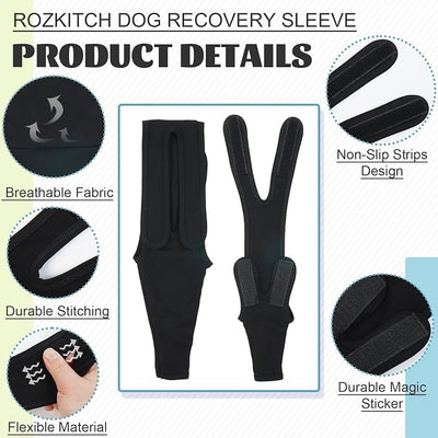 ROZKITCH Dog Surgery Leg Sleeve Front Right Left Leg, Pet Prevent Licking Wound Elbow Knee Protector, Dog Recovery Suit Cone Collar Alternative for Sprain ACL CCL Arthritis Joint Care Black XXS