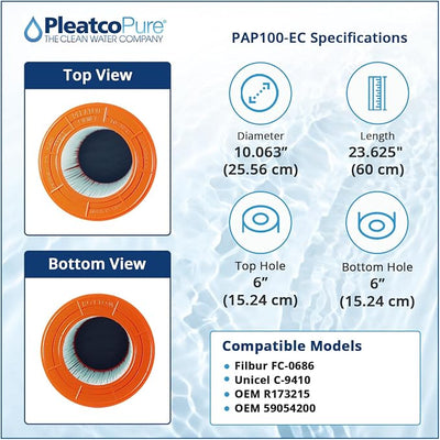 Pleatco PAP100-EC Pool Filter Cartridge Replacement for Unicel: C-9410, Filbur: FC-0686, OEM Part Numbers: R173215, 59054200, White