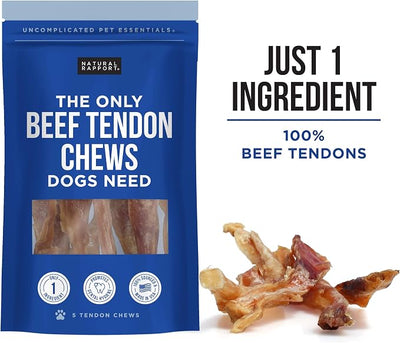 Natural Rapport Beef Tendon Dog Chews - Single Ingredient, Long Lasting, Promotes Dental Health & Joint Support (5 Count)