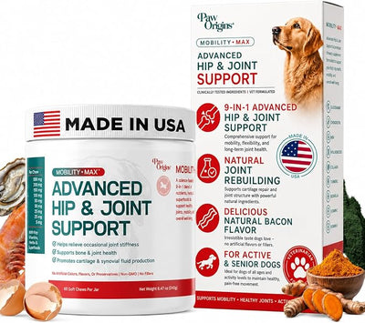 Mobility Max Dog Hip and Joint Supplement with Glucosamine, Chondroitin, MSM & Vitamin C – Hip and Joint Chews for Dogs – 9-in-1 Advance Formula – 60 Bacon Flavor Chews for Active & Senior Dogs