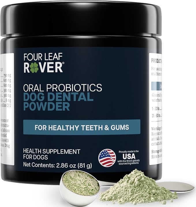 FOUR LEAF ROVER Dental Powder for Dogs - Probiotic Support for Bad Breath, Plaque & Tartar - with Kelp & Weissella Cibaria - 30-Day Supply