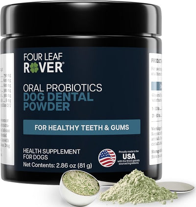 FOUR LEAF ROVER Dental Powder for Dogs - Probiotic Support for Bad Breath, Plaque & Tartar - with Kelp & Weissella Cibaria - 30-Day Supply
