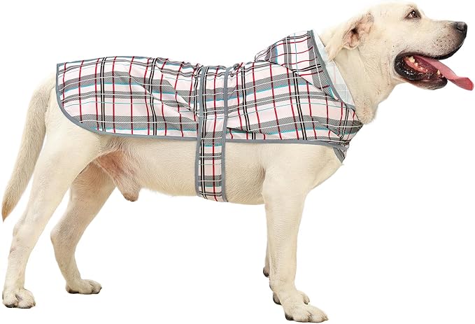 Dog Raincoat for Large Dogs Waterproof Jacket Hooded Rain Coats with Reflective Strips Leash Hole & Poncho Adjustable Fit (Plaid,XXL)