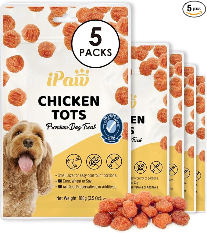 iPaw 5 Stock-Up Combo Chicken Tots Dog Treats for Puppy Training, SQF Certified Human Grade Dog Treat, Hypoallergenic, Easy to Digest (Chicken Tots), 5 Packs