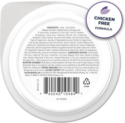 Blue Buffalo Basics Adult Small Breed Grain-Free Wet Dog Food for Skin & Stomach Care,Limited Ingredient Diet,Lamb Recipe,3.5-oz. Cups,12 Count (Pack of 2)