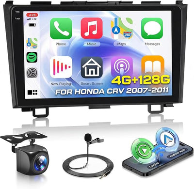 4+128G for Honda CRV 2007-2011 Android Car Stereo Radio with Wireless Carplay/Android Auto, 9 Inch 1280 * 720P in-Cell Screen Bluetooth WiFi GPS Navigation USB FM/RDS SWC EQ Backup Camera