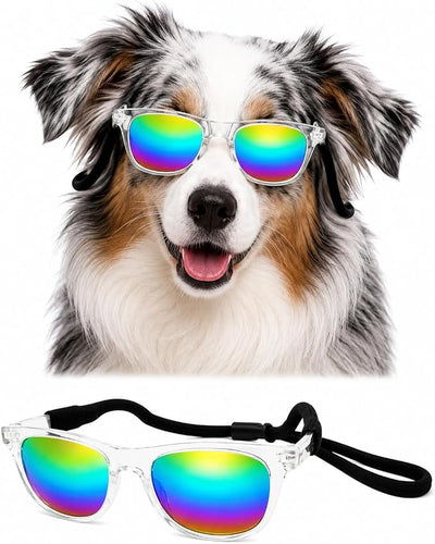 G006 Dog Pet Retro 80s Costume Sunglasses for Small Breed (2-Pack Black+ Clear-Rainbow Mirror)