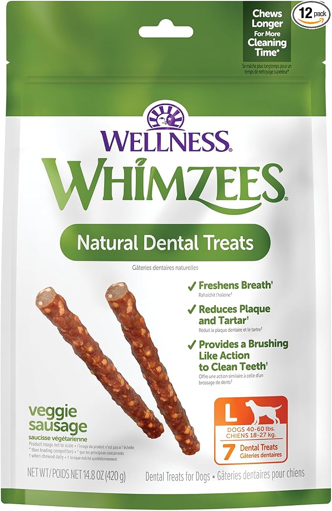 Whimzees Wellness Veggie Sausage Natural Dog Dental Treat, Chews, Freshens Breath, Large Size, 14.81 oz Bag, 7 Count