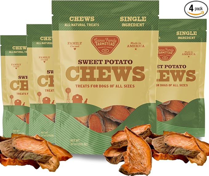 Gaines Family Farmstead Sweet Potato Dog Treats, (4) 32oz Bags - Single Ingredient Sweet Potato Chews for Dogs, Grain Free Rawhide Alternative, High Fiber Healthy Dog Chews, Made in USA