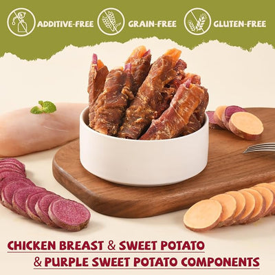 Chicken Jerky Wrapped Double Sweet Potato Dog Treats,Low Fat & Rawhide-Free & High Protein Dog Snacks,Orange & Purple Sweet Potato Soft Chews w/1% Taurine for Small Medium Large Dogs,10.58oz