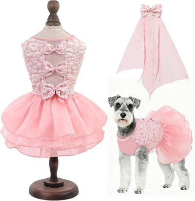 ASENKU Dog Dress, Dog Wedding Dress, Pet Lace Princess Dress with Bows for Wedding Birthday Party, Puppy Formal Apparel with Pearl Necklace for Large Dogs (Pink, XX-Large)