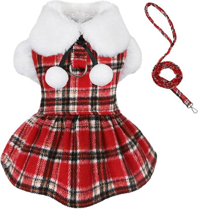 Dog Sweater with Leash Set D Ring Plaid Fleece Dog Clothes for Small Dogs Girl Boy Winter Puppy Dress Cold Weather Coat Fall Sweater for Chihuahua Yorkie Cat Doggy Costumes, Red, M