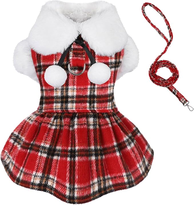 Dog Sweater with Leash Set D Ring Plaid Fleece Dog Clothes for Small Dogs Girl Boy Winter Puppy Dress Cold Weather Coat Fall XXS Sweater for Chihuahua Yorkie Cat Doggy Costumes, Red, S