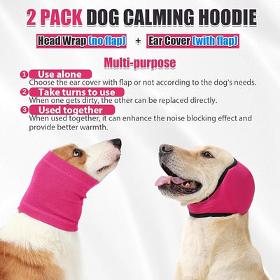 SlowTon Quiet Ears Dog Hoodie - 2 Pcs Ear Wrap Dog Ear Muffs Noise Protection, Anxiety Relief Dogs Hat Calming Hood Head Cover, Pet Headband Ear Protector for Grooming, Force Drying (Pink,L)