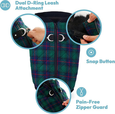 Gooby Fashion Vest Check Dog Jacket - Red Check, Small - Warm Zip Up Bomber Vest with Dual D Ring Leash - Winter Water Resistant Small Dog Sweater