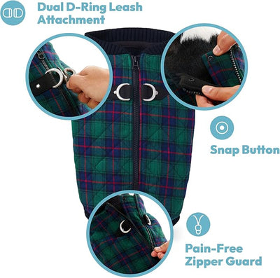Gooby Fashion Vest Check Dog Jacket - Green Check, X-Small - Warm Zip Up Dog Bomber Vest with Dual D Ring Leash Water Resistant for Small to Medium Dogs