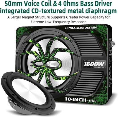 Upgraded 1600W Car Subwoofer, 10" Ultra-Thin Under-Seat Sub with Built-in Amplifier, (LPF/Gain/Bass Boost) LED Ambient Lights, Independent Bass Knob, Distortion-Free Deep Bass（Green）