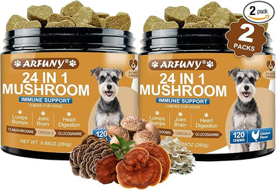 2-Pack Mushroom Supplement for Dogs - Turkey Tail Mushroom for Dogs Lumps, Bumps, Gut, Skin, Joint, Immune Health - 13 Organic Mushrooms Turkey Tail, Reishi, Lions Mane, Glucosamine, MSM, Vitamins