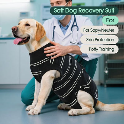 Kuoser Dog Surgery Recovery Suit, Soft Breathable Dog Recovery Suit for Female Spay Male Nueuter, Anti Licking Puppy Onesie Pet Surgical Suit for Dogs Abdominal Wounds Skin Disease, Black Strips L