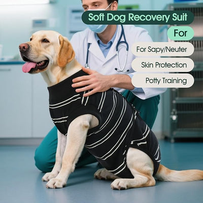 Kuoser Dog Surgery Recovery Suit, Soft Breathable Dog Recovery Suit for Female Spay Male Nueuter, Anti Licking Puppy Onesie Pet Surgical Suit for Dogs Abdominal Wounds Skin Disease, Black Strips 2XL