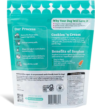 Lord Jameson Cookies 'n Cream | Light & Crunchy Love Puffs Collection | Organic Dog Treats, Cookies 'n Cream Recipe, Gluten-Free, Preservative-Free, USDA Certified Organic. Made in USA