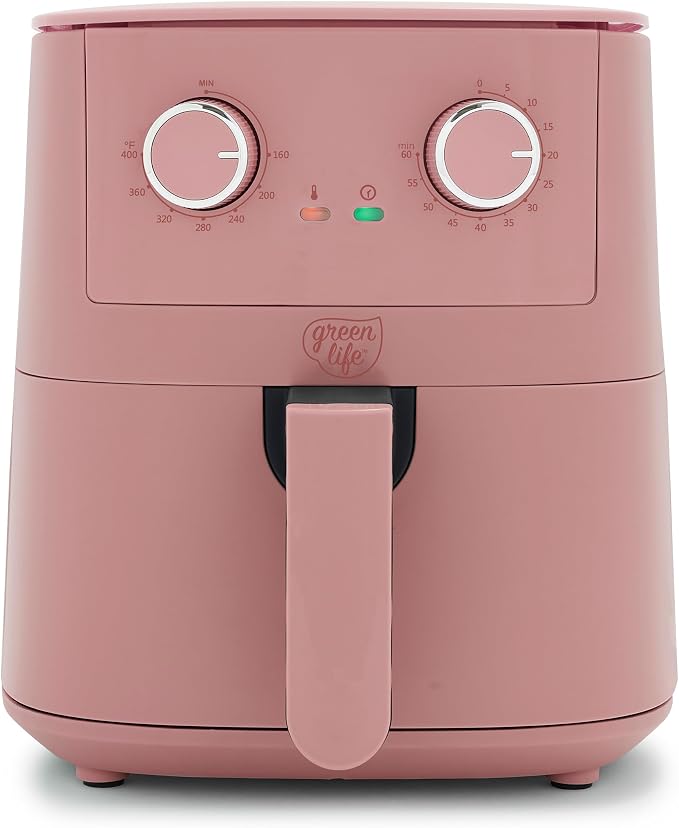 GreenLife 4.5QT Air Fryer, Mechanical Dial Controls, PFAS-Free Ceramic Nonstick Drawer, Adjustable Temp & Timer, LED Indicator, Oil-Less Cooking, Dishwasher Safe, Compact Family Size, Pink
