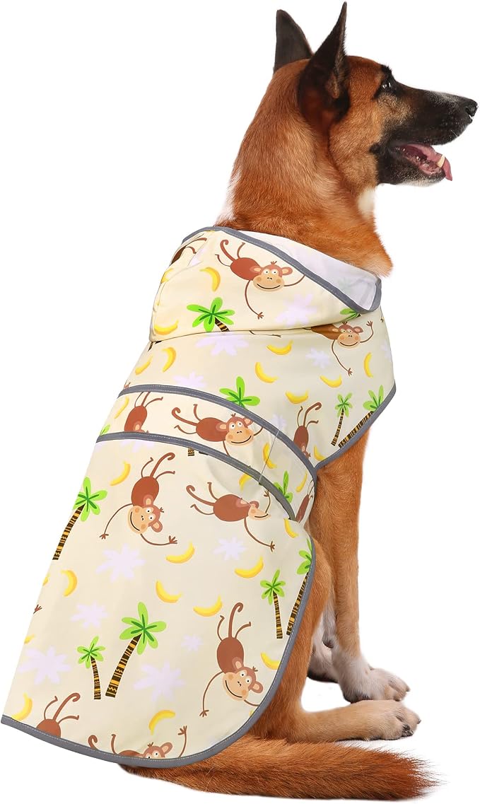 Dog Raincoat for Large Dogs Waterproof Jacket Hooded Rain Coats with Reflective Strips Leash Hole & Poncho Adjustable Fit (Monkey,XL)