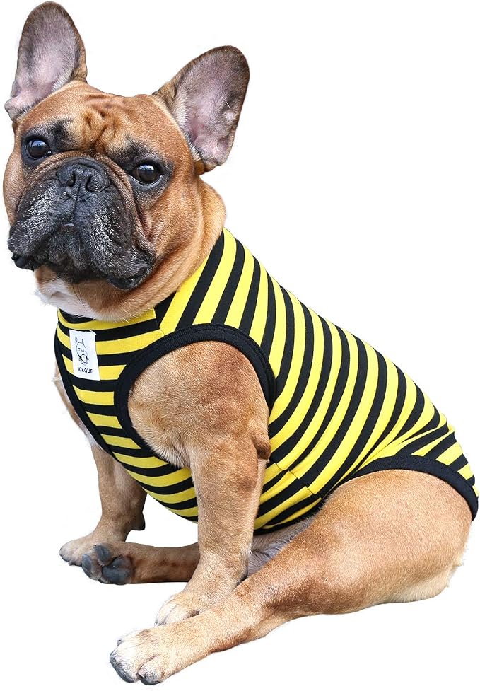 iChoue French Bulldog 100% Breathable Cotton Striped T Shirts Halloween Vest Clothes for Medium Dogs Tank Tops Frenchie Pug English Boston Terrier Pitbull Yellow Black Stripes - Large