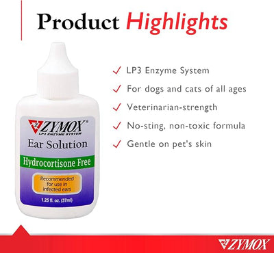 Zymox Otic Enzymatic Ear Solution for Dogs and Cats to Soothe Ear Infections Without Hydrocortisone, 1.25oz
