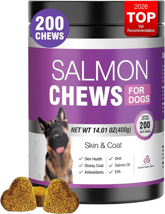 TTLXBL Omega 3 Skin and Coat Supplement for Dogs 200 Chews Dog Fish Oil Supplements with EPA & DHA Fatty Acids Dry Skin Relief for Dogs Shedding Allergy Itching Promotes Heart Hip Joint(Peanut Butter)