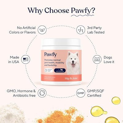 Pawfy Hip & Joint Supplement for Dogs with MSM & Vitamins | Glucosamine Chondroitin for Small, Medium & Large Breed - Supports Mobility & Bones with Omega 3 | 30 Chews (Large)