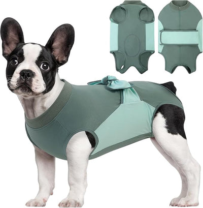 SAWMONG Recovery Suit for Dogs, Cotton Dog Surgery Suit Female Spay Pet Male Breathable, Zipper Neuter Onesie Bodysuit Prevent Licking Wounds, Substitute E-Collar & Cone(Green, Medium)