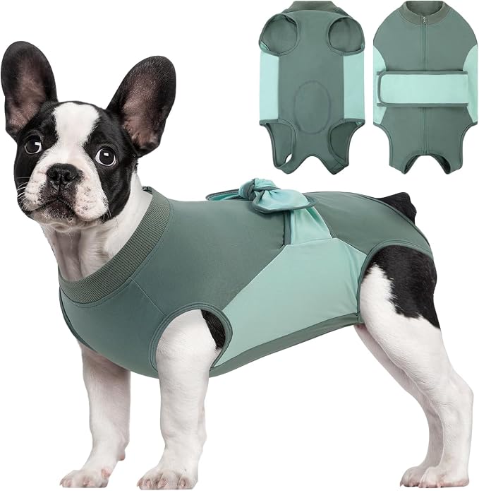 SAWMONG Recovery Suit for Dogs, Cotton Dog Surgery Suit Female Spay Pet Male Breathable, Zipper Neuter Onesie Bodysuit Prevent Licking Wounds, Substitute E-Collar & Cone(Green, Medium)