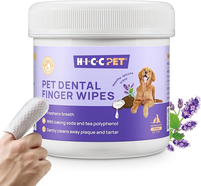 HICC PET Teeth Cleaning Wipes for Dogs & Cats, Vet-Recommended Remove Bad Breath & Plaque & Tartar Buildup Dog Finger Toothbrush Wipes, Dog Tooth Brushing Kit Remove Stain & Gum Care for Small Animal