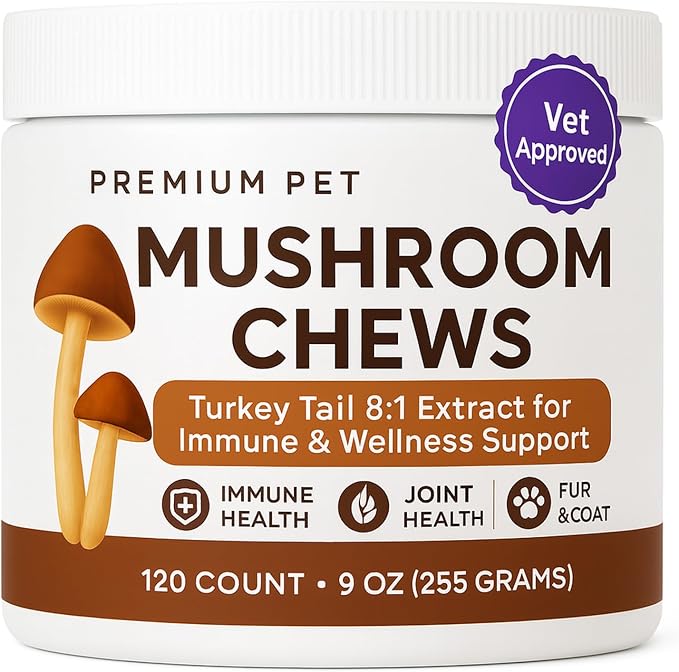 Turkey Tail Mushroom for Dogs, Premium Pet Mushroom Chews, Joint Spine& Mobility Support, Immune Health, Skin & Coat Care, with Chaga, Cordyceps, Lion's Mane, Shiitake & Maitake, 120 Chews (1)