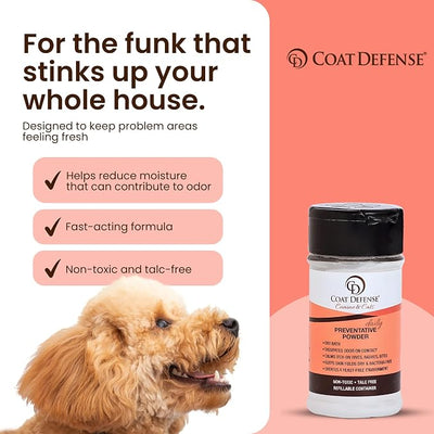 COAT DEFENSE Daily Preventative Powder | Made in USA | 3.5oz Waterless Dog Shampoo & Pet Deodorizer for Smelly Dogs | Provides Anti Itch Relief | Dog Dry Shampoo for Dry Itchy Skin