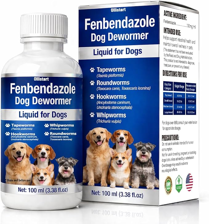 Dewormer for Dog, Fenbendazole Liquid Dog Dewormer, Broad Spectrum for All wormer, Tapeworms, Roundworms, Hookworms, Whipworms, 4 oz