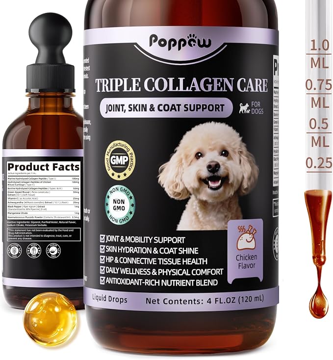Collagen for Dogs - 12-in-1 Liquid Collagen for Skin & Coat Support, Hip & Joint with Types I, II & III Drops, Hyaluronic Acid, Green-Lipped Mussel - Chicken Flavor, 4 FL Oz（ Pack of 1）