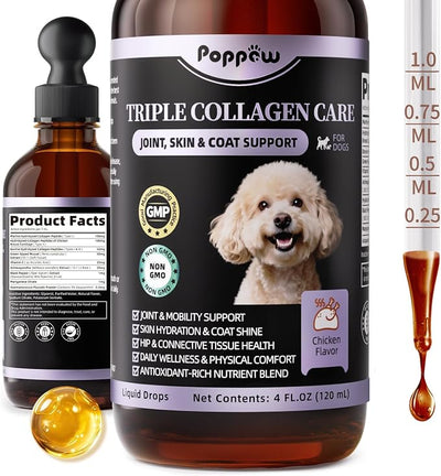 Collagen for Dogs - 12-in-1 Liquid Collagen for Skin & Coat Support, Hip & Joint with Types I, II & III Drops, Hyaluronic Acid, Green-Lipped Mussel - Chicken Flavor, 4 FL Oz（ Pack of 1）