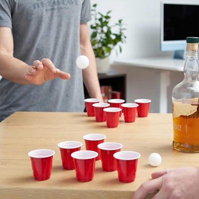 True Mini Beer Pong Game, 1.5 Ounce Disposable Red Party Cup Plastic Shot Glasses, Red, Set of 12 Cups and 2 Mini Ping Pong Balls