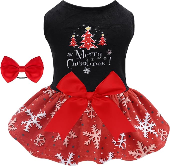 CuteBone Christmas Dog Dresses Velvet Holiday Small Dogs Clothes Onesie Pet Apparel Girl Puppy Skirt with Bow Hair Rope